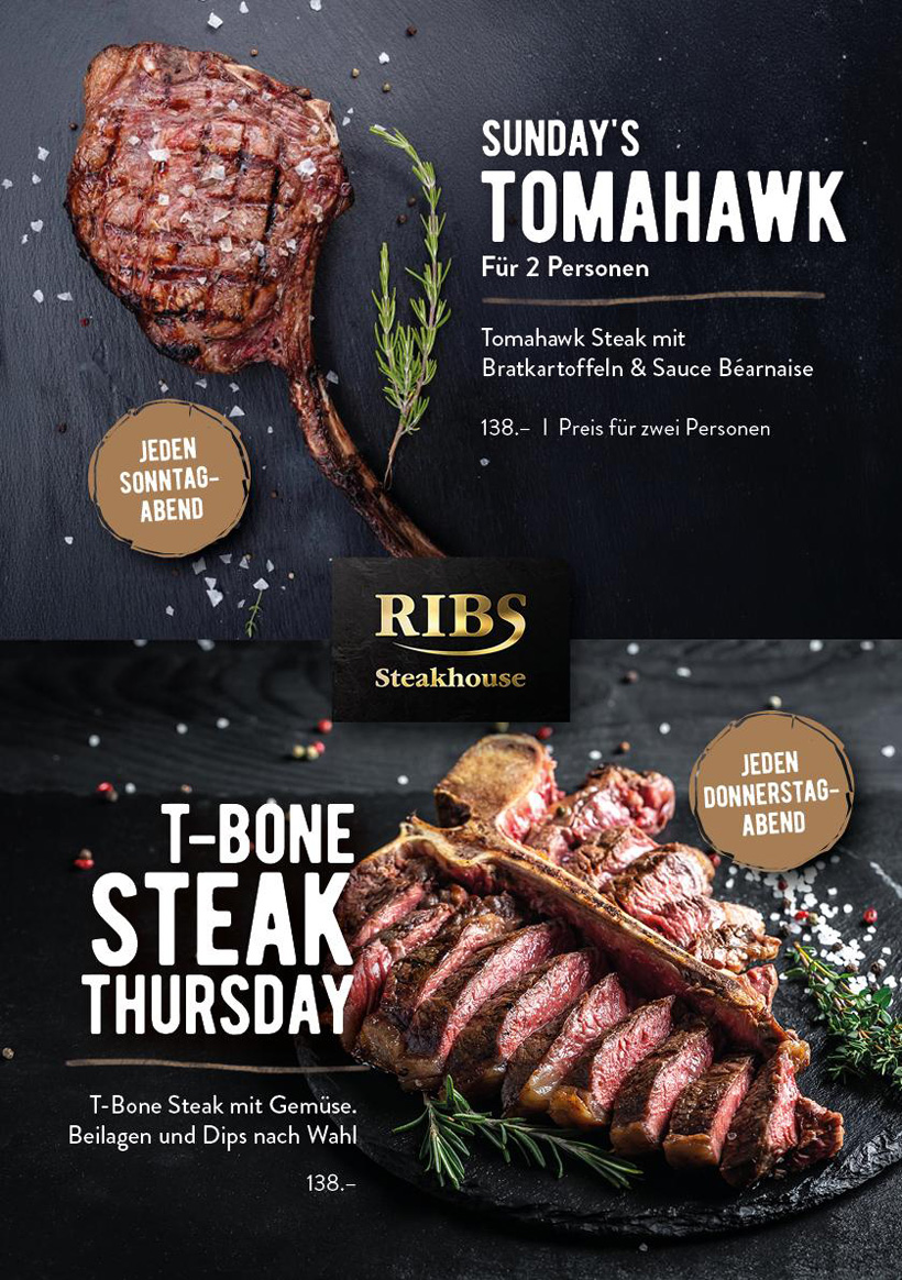 cT-Bone Steak Thursday - T-Bone Steak mit Gemüse, Beilagen und Dips nach Wahl